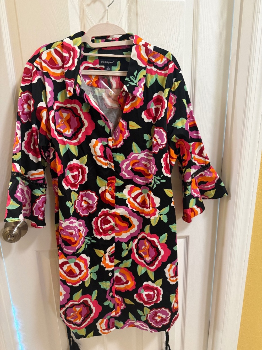 Studio Park Floral Shirt Dress Petite XL Black Multicolor Belted Button Front